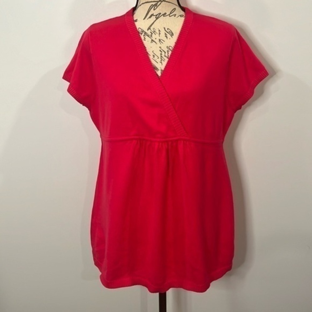Ann Taylor LOFT fine knit pullover surplice sweater cap sleeve pink XL